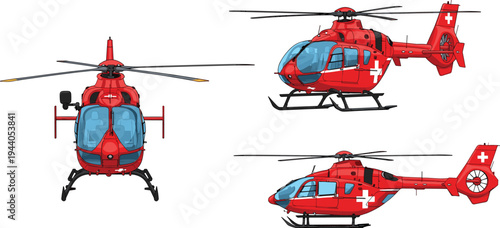 Medical rescue helicopter illustration showing front side and perspective views emergency air ambulance aircraft healthcare rescue transport aviation vehicle