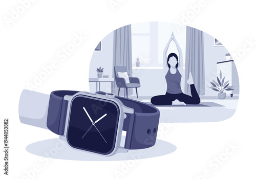 Smartwatch tracking a woman doing yoga in a tranquil home setting, promoting wellness and mindful activity