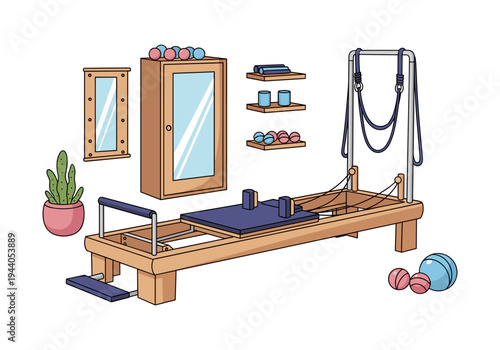 Pilates reformer machine with accessories in a bright, clean studio setting