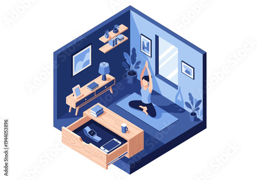 Isometric room with person meditating and a desk with electronics and drawers open