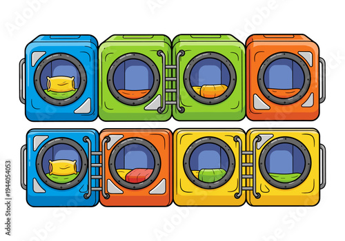 Row of colorful cartoon washing machines with laundry inside