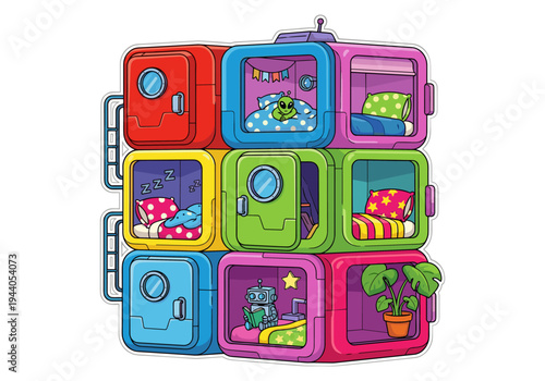 Cute cartoon robot and alien sleeping in colorful futuristic sleeping pods