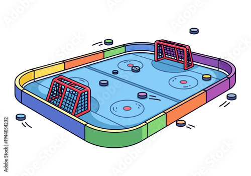 Colorful cartoon air hockey table with pucks and nets, isometric view