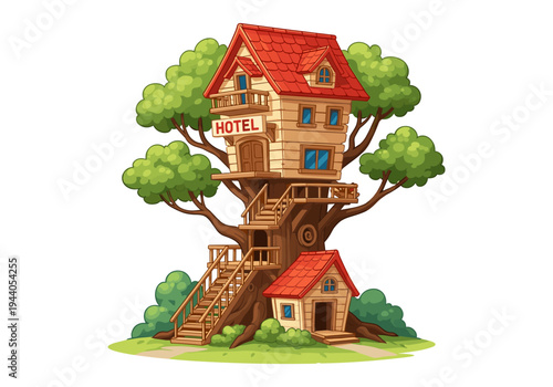 Whimsical cartoon treehouse hotel with a small guest house at its base