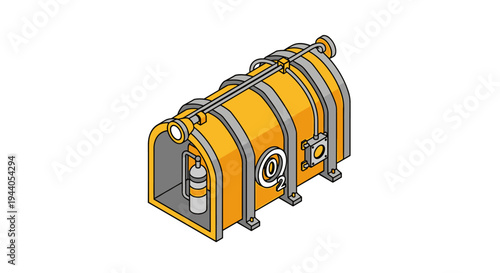 Isometric view of a yellow industrial storage tank with a fire extinguisher inside.