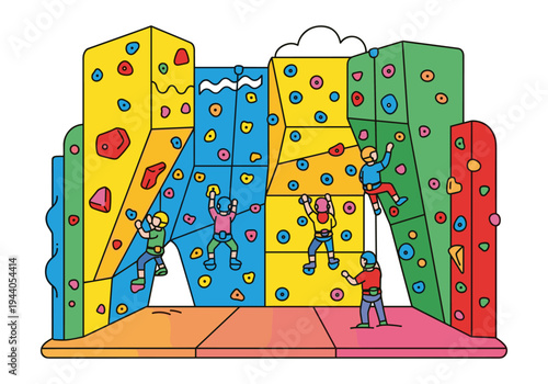 Children enjoy climbing on colorful indoor rock climbing walls with safety harnesses