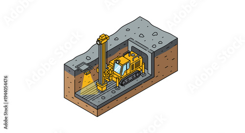 Isometric illustration of a drilling rig operating in an underground construction site.
