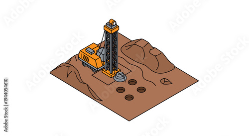 Isometric view of a drilling rig on a barren landscape.