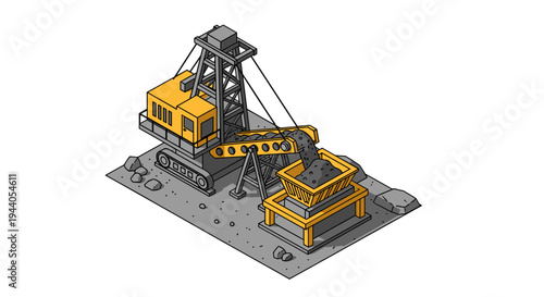 Isometric Mining Crane and Ore Processing Plant Illustration.