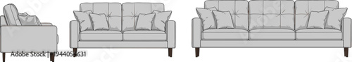 Modern living room sofa vector illustration with front and side views, comfortable upholstered couch isolated for home interior furniture design