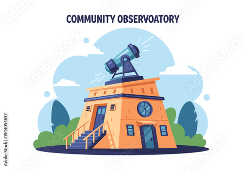 Community observatory building with a telescope on top under a cloudy sky