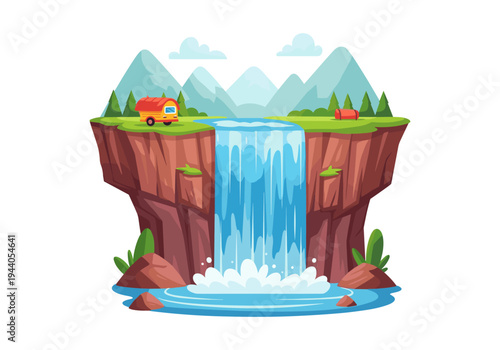 Cartoon cliffside waterfall with caravan and tent, representing outdoor adventure