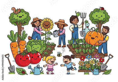 Happy cartoon farmers and children tending to a vibrant vegetable garden with cute characters