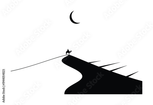 Vector silhouette of a person standing on a hilltop under a crescent moon in the night sky