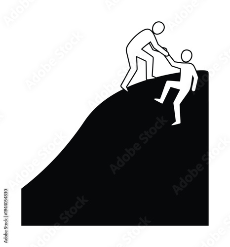 Vector of two climbers helping each other ascend a steep mountain slope