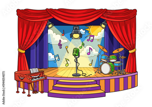 Cartoon stage with piano, drum set, microphone, and musical notes under spotlights