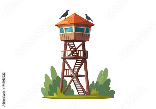 Cartoon watchtower with two crows perched on its roof, surrounded by green bushes