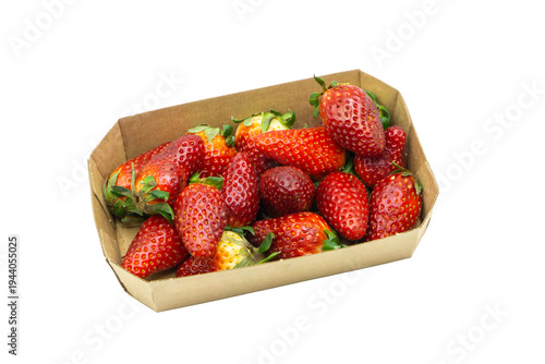 fresh red strawberries in cardboard punnet isolated on white background for food design