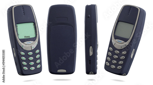 Εκτύπωση καμβά retro navy blue nokia 3310 mobile phone shown from the front with menu on screen, side, and back views, isolated on a transparent background, studio lighting