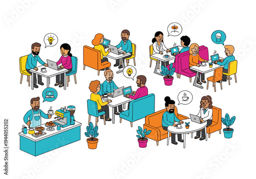 Diverse group of people working and collaborating in a modern coffee shop setting