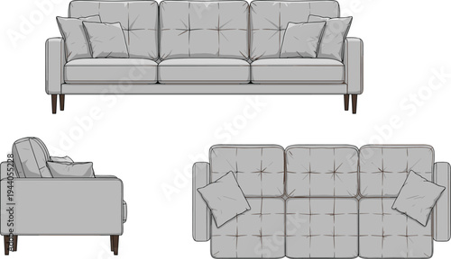 Modern three seat sofa illustration showing front side and top views comfortable upholstered living room furniture interior home decor design