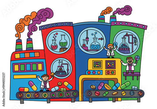 Cartoon pharmaceutical factory with scientists making colorful pills and capsules on conveyor belts