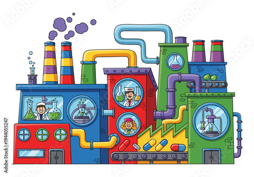 Cartoon pharmaceutical factory with scientists and colorful machinery producing pills