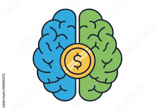 Brain illustration with coin symbolizes financial intelligence and economy