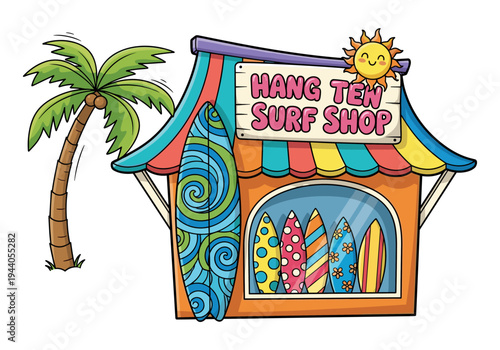 Cartoon surf shop with colorful surfboards and a palm tree on a sunny day