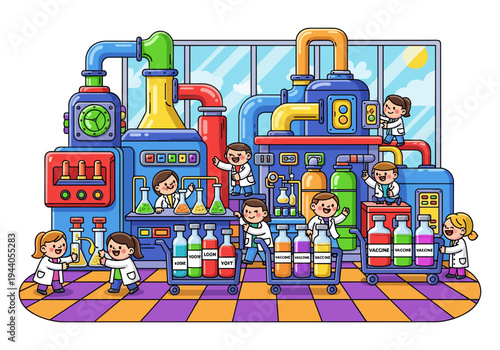 Children in lab coats working in a colorful cartoon vaccine production factory
