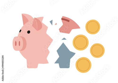 Broken pink piggy bank with coins spilling out on the floor indoors