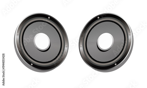 Pair of realistic round audio speakers with metal rim and mesh cones, stereo sound system components isolated on white background