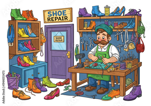Cartoon cobbler diligently repairs shoes in his workshop with colorful footwear on display