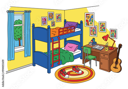 Cozy cartoon bedroom with blue bunk beds, desk, and guitar for a child
