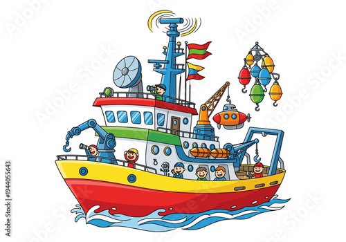 Cartoon research vessel with submarine and crew exploring the ocean waves