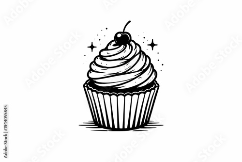 Charming Hand-Drawn Cupcake Illustration with Cherry Topping for Sweet Treat Designs and Bakery Branding