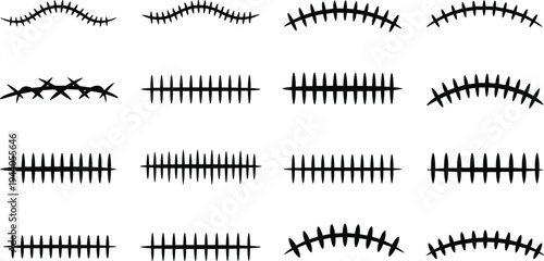Surgical stitch scar silhouettes vector set, medical suture wound marks collection, stitched injury healing marks isolated design elements