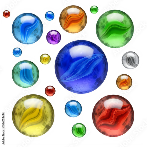 Vibrant colorful marbles collection isolated on transparent background