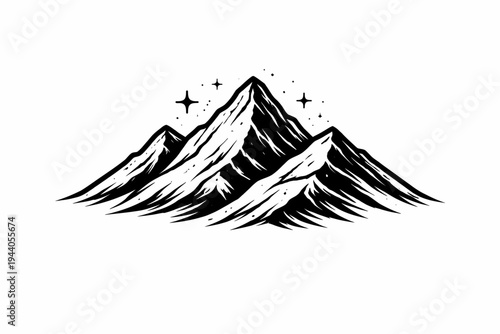 Monochromatic Hand-Drawn Mountain Range Icon with Twinkling Stars. A Timeless Vector Illustration for Outdoor Adventure, Exploration, and Nature Branding Concepts