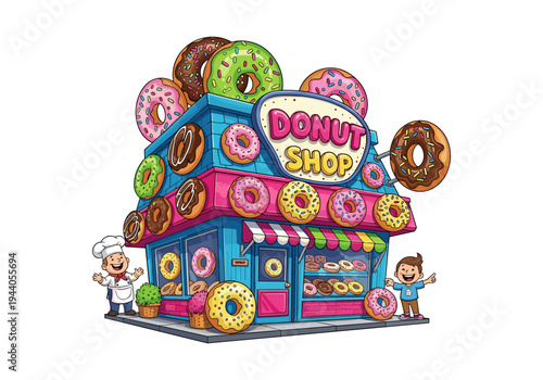 Whimsical cartoon donut shop building with a chef and a child, decorated with donuts