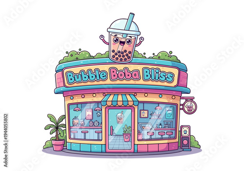 Cute cartoon bubble tea shop exterior with a happy boba drink mascot on top
