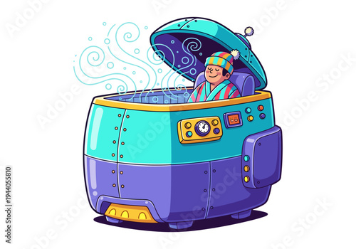 Cartoon person relaxing in a futuristic steam pod with a cozy hat and robe