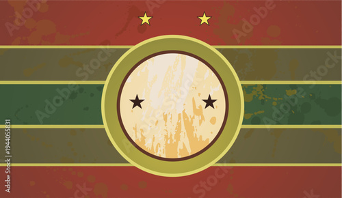 Vintage emblem background with green and red stripes, circular grunge badge center, stars and distressed texture, retro label template for awards and branding