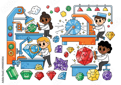 Diverse team of cartoon characters working together in a gem cutting and polishing workshop