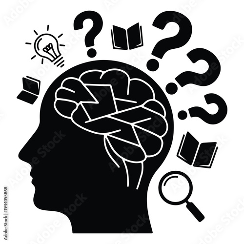 human profile silhouette with brain and lightbulb icon surrounded by question marks books and magnifying glass for problem solving and creative thinking concept