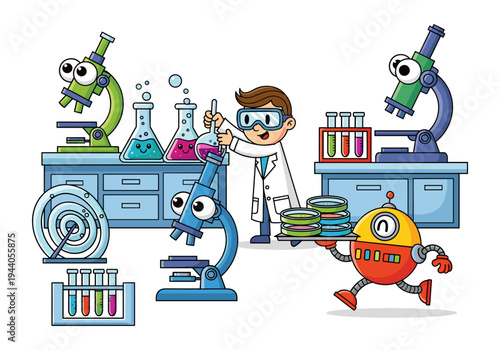 Cute cartoon scientist and robot in a laboratory with microscopes and colorful experiments
