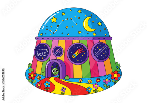 Cute alien peeking out of a colorful spaceship observatory with celestial views