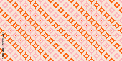 Mid century modern starburst seamless pattern with daisy. Bright color groovy geometric retro vintage background. Print for textile, packing and wrapping paper. Vector illustration art