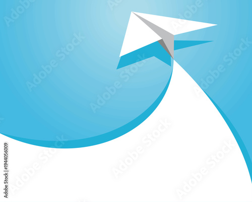 White paper airplane flying upward with blue curved swoosh trail on light blue background, business startup launch concept with large copy space