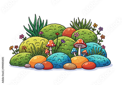 Whimsical cartoon forest floor with colorful mushrooms, mossy mounds, and smooth stones